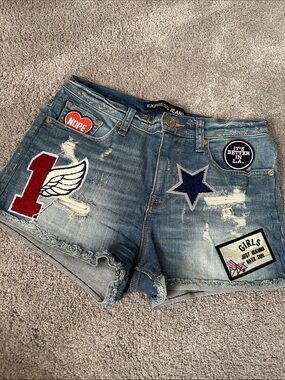 Express Women's Distressed Patch Denim Shorts - Blue